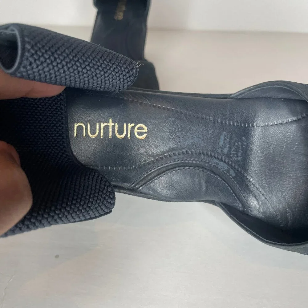 Nurture Larow Navy Blue Leather Wedge Shoes Ankle Band Size 6.5M